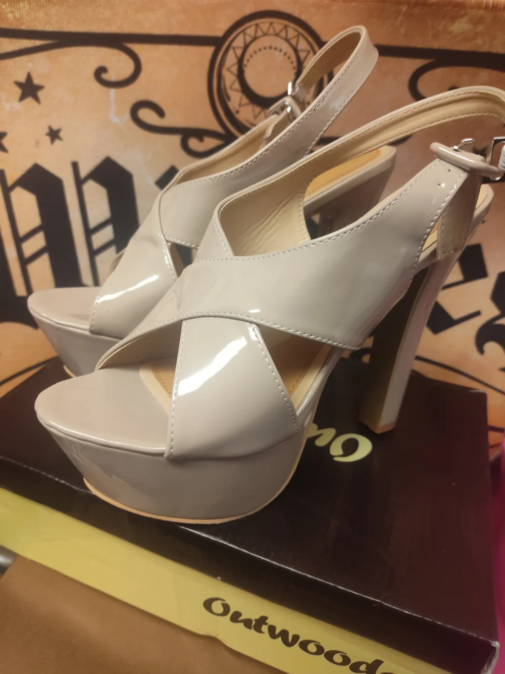 Beige Patent Platform Slingback Heels